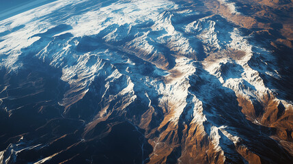 Stunning aerial view of a snow covered mountain range with sharp peaks and rugged terrain