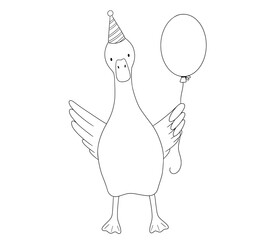 Cute dancing goose with party cap and balloon, childish line art, hand drawn illustration for coloring book or page