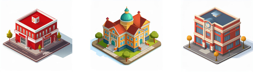 Isometric view showcasing three distinct buildings: a fire station, a civic building, and a multi-story structure.  Each building is detailed with landscaping.