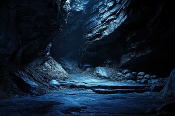 Dark cave pathway, blue light, stone walls, mysterious background, fantasy game