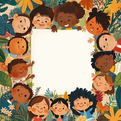 A playful background with colorful illustrations of children playing around the borders, leaving a blank space in the middle for text, perfect for kid-themed content	