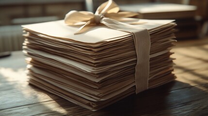 Obraz premium Stacked papers tied with ribbon on wooden table, sunlight