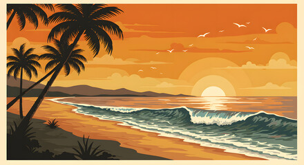 Fototapeta premium Vintage-Styled Tropical Summer Beach Resort Hotel Poster Design
