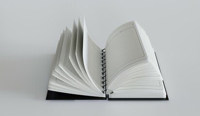 Opened notebook, diary, writing, empty book, 3D illustration