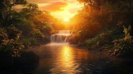 Golden sunset illuminates a tranquil rainforest waterfall and river scene with lush greenery