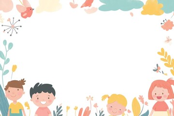 A playful background with colorful illustrations of children playing around the borders, leaving a blank space in the middle for text, perfect for kid-themed content	