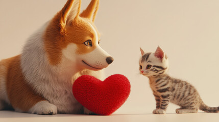 Obraz premium A corgi and a kitten are together. There is a red love in front of them