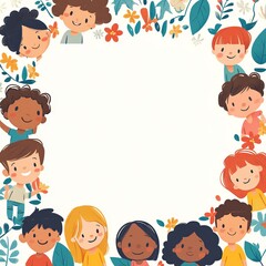 A playful background with colorful illustrations of children playing around the borders, leaving a blank space in the middle for text, perfect for kid-themed content	
