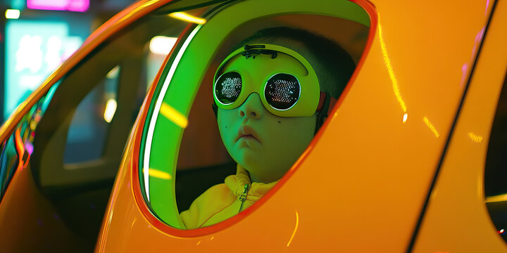 Child in Orange Vehicle with Illuminated Goggles