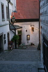 Cozy Alley with String Lights and Outdoor Seating