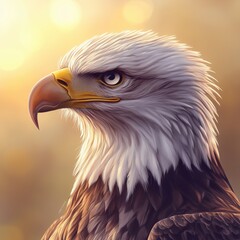 Obraz premium Close-up of a majestic bald eagle in profile, bathed in golden light.