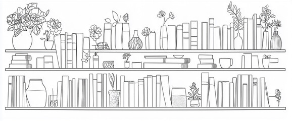 Obraz premium Line drawing of bookshelves filled with books, plants, and vases. The illustration showcases a well-organized, decorative space combining nature and literature, symbolizing harmony. Coloring book