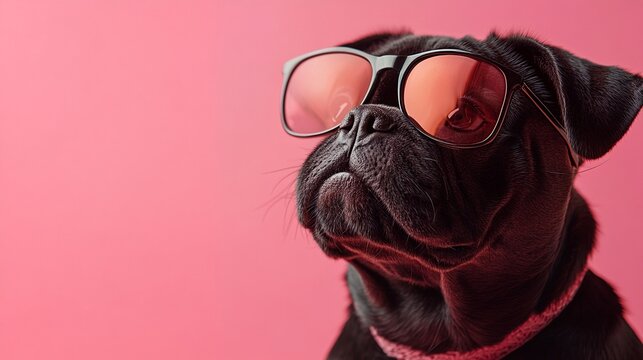 A black pug wearing glasses and looking up at the camera.