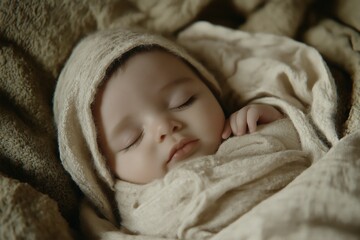 Close-up of a sleeping baby wrapped in a soft blanket.