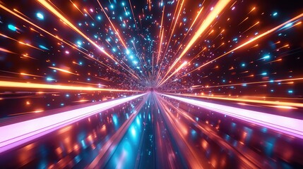 A high-speed digital highway with glowing gridlines, where energy streaks and pulsing lights.