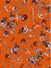 Seamless floral pattern with watercolor textured abstract flowers and leaves background in pink and orange colors