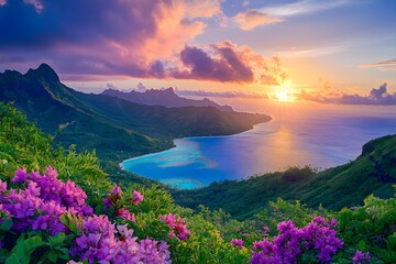 Naklejka premium Beautiful sunset over the turquoise ocean in Moorea, French Polynesia, with lush greenery and colorful flowers on the mountains in the background, Generative AI