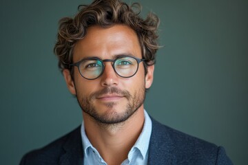 Confident young man with curly hair and glasses, portraying professionalism and approachability in a modern environment. Ideal for business and lifestyle themes.
