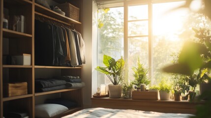 Obraz premium Sunlit bedroom with wooden wardrobe, plants, and clothes.