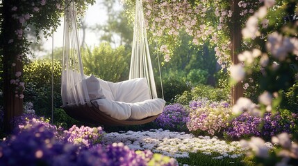 Serene garden swing, floral blooms, sunlight, relaxation, tranquility