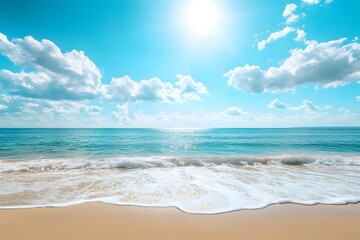Fototapeta premium Beautiful beach with a blue sky and white clouds, waves on the sea in sunlight. The sun shines brightly over the ocean, creating a beautiful summer landscape, Generative AI