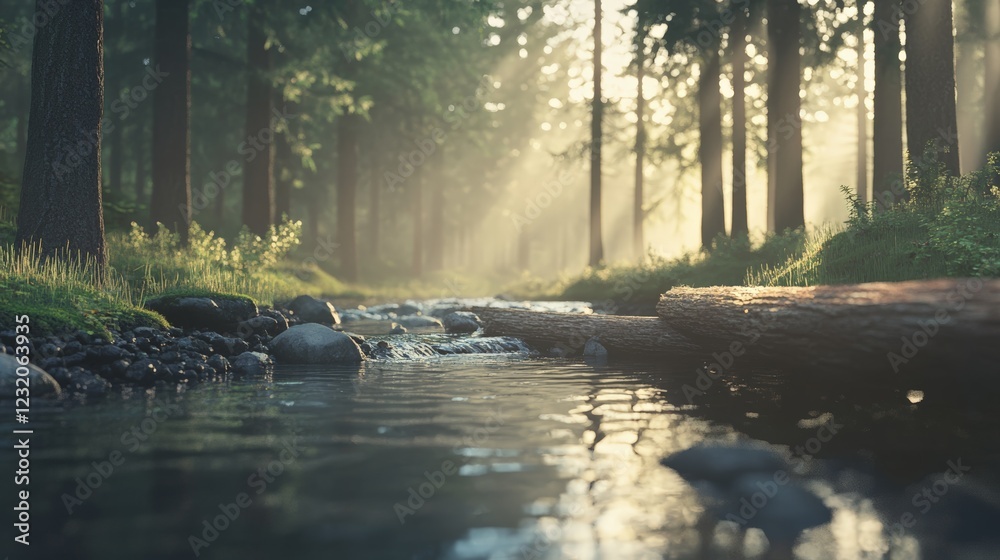 Poster golden sunlight filters through the trees, creating a magical atmosphere as it illuminates a pristin