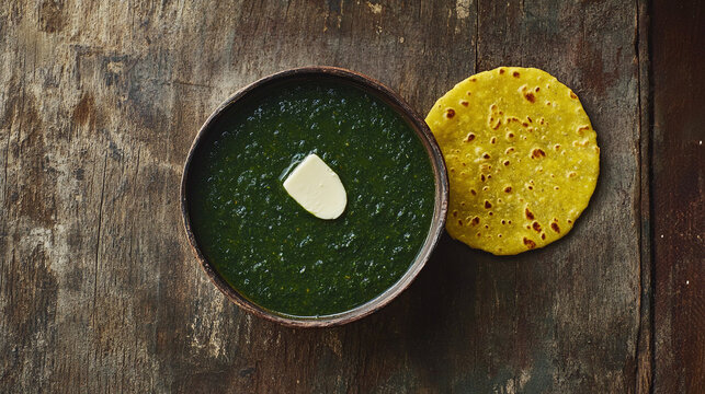 Bowl of sarso ka saag with makki ki roti top view on table 
