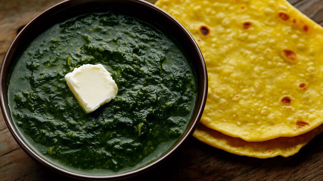 Top view of sarso ka saag with makki ki roti 