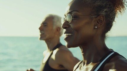 Fototapeta premium Two Women Running on Beach Near Ocean
