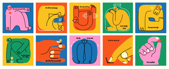 Mental health, psychology concept. Self love, mind care, help, acceptance. Cute disproportionate isolated characters inscribed in color square box and funny quotes, vector illustration