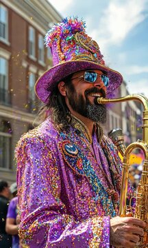 Colorful mardi gras parader playing saxophone with confetti celebration.