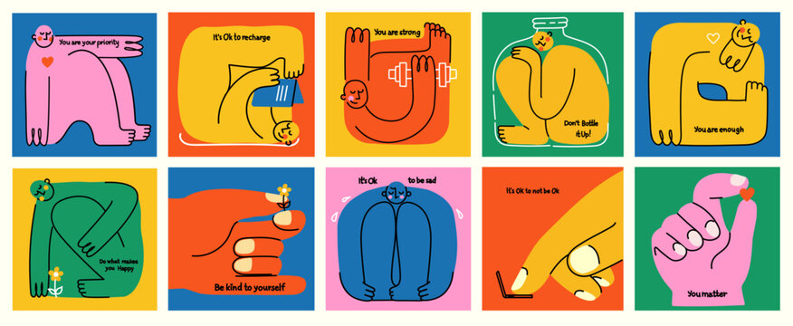 Mental health, psychology concept. Self love, mind care, help, acceptance. Cute disproportionate isolated characters inscribed in color square box and funny quotes, vector illustration