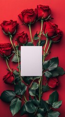 A collection of red roses and green leaves surrounding two pieces of blank white paper.