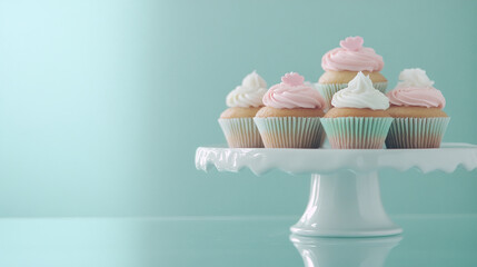 Pink and white cupcakes decorated with heart-shaped toppers, placed on a white cake stand against a soft mint green background, perfect for celebrations or Valentine's Day.