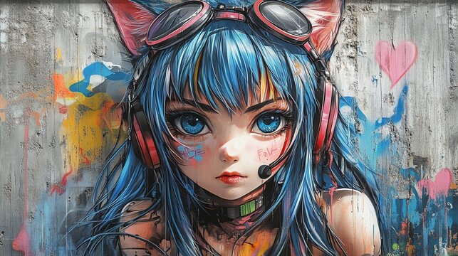 Anime Girl with Cat Ears and Goggles Graffiti Art.