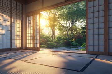 3D rendering of an empty Japanese room with a tatami floor and sliding doors, a large window showing a beautiful garden at sunrise, Generative AI