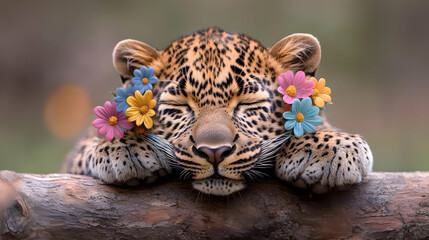 Obraz premium Sleeping leopard cub with flowers, resting on log, blurred background, ideal for children's book