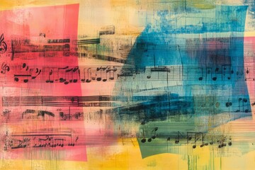 Obraz premium Abstract Art Featuring Layered Musical Notations In Vibrant Hues Of Pink, Teal, And Yellow. The Image Evokes A Feeling Of Creative Energy And Artistic Expression.