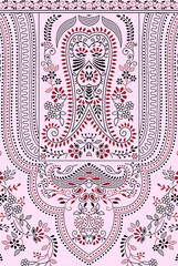 Symmetrical neckline pattern for dashiki shirt with Celtic motifs and colorful geometric shapes on the dark blue background. The embroidery neck design of the kaftan dress, kurta