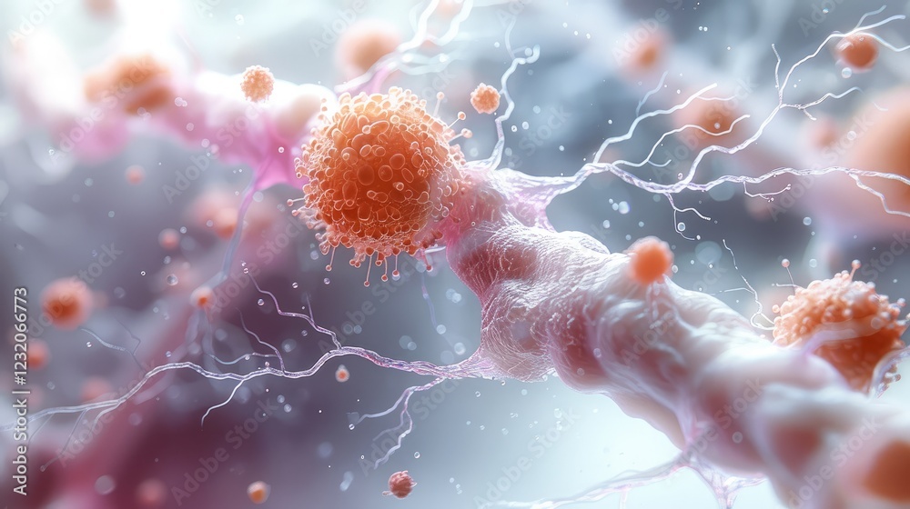 Poster clean 3d render of a microscopic cancer attack, highlighting the delicate interaction between cancer