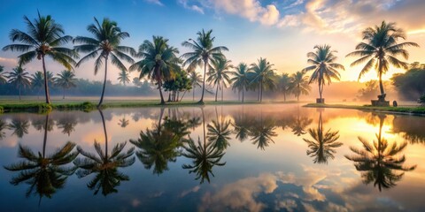 Fototapeta premium Palm trees surrounding a serene lake at dawn in Bali Indonesia with mist rising from the water