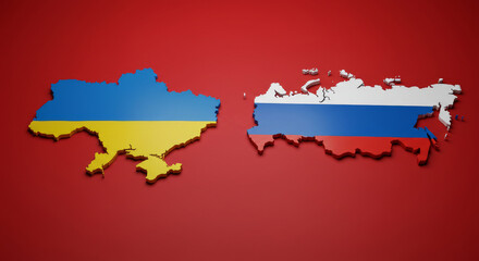 Fototapeta premium Bad Relations between the Ukraine and Russia, illustration of flags on a red background, A question of peace and war