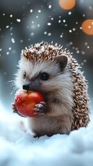 Obraz premium A close-up of a small hedgehog eating an apple while standing in snow.