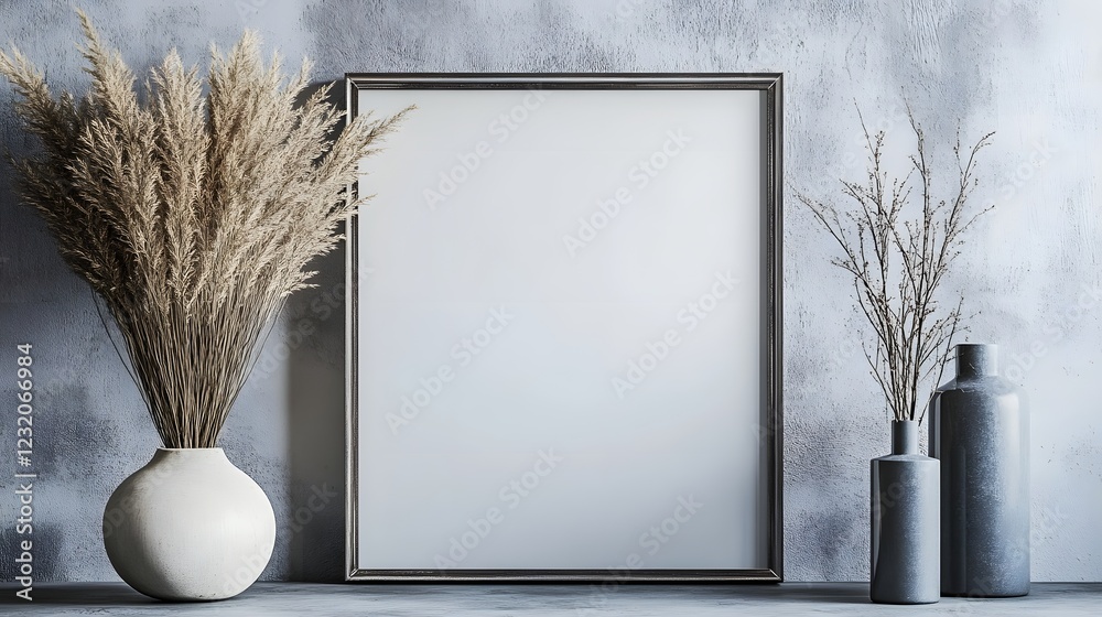 Poster elegant minimalist floral arrangement with wooden vase and branches displayed against a grey texture