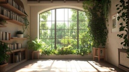 Fototapeta premium Sunlit room with large window, bookshelves, and lush plants.