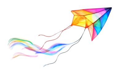 A colorful kite with a long tail and tied strings isolated on a transparent background