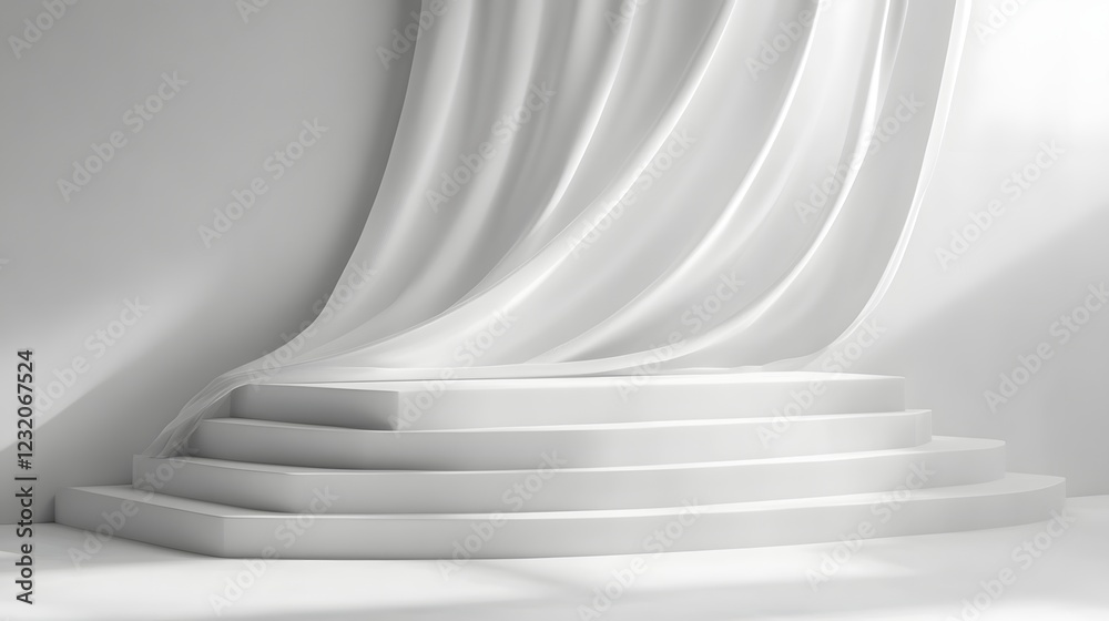 Poster elegant white geometric podium or platform with draped fabric backdrop creating a minimalist and con