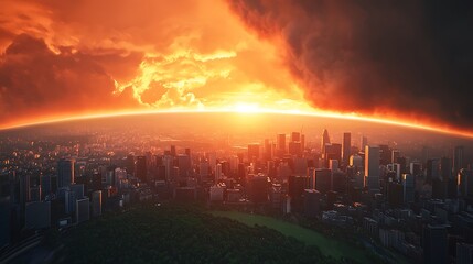 Obraz premium A stunning sunset illuminates a city skyline, casting dramatic shadows and vibrant colors against dark, swirling clouds.