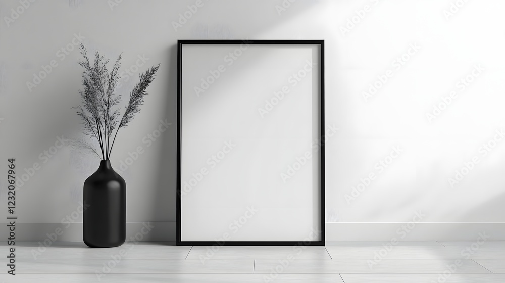 Poster empty black frame mockup displayed on a clean minimal white wall with a decorative black ceramic vas