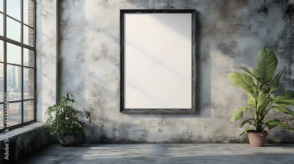 Poster empty framed wall hanging in an industrial loft style interior with concrete walls large window and 
